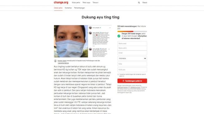 Tangkapan layar. [Change.org/Dukung ayu ting ting]