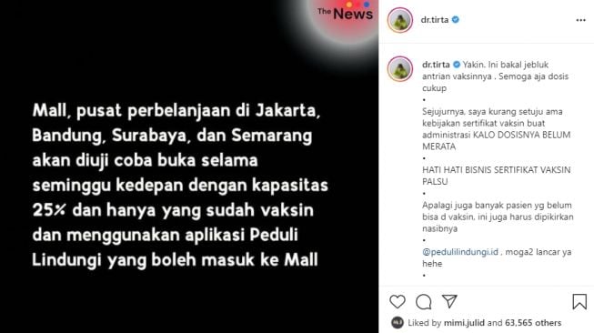 dr Tirta kritisi kebijakan sertifikat vaksin jadi syarat masuk mal. (Instagram/@dr.tirta)