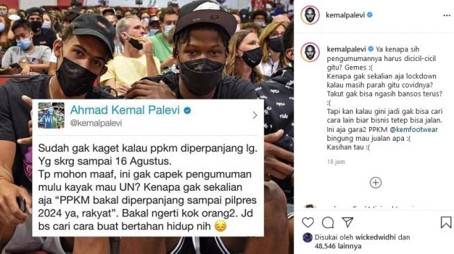 Kemal Palevi tanggapi soal pengumuman perpanjangan PPKM yang dicicil. [Instagram]