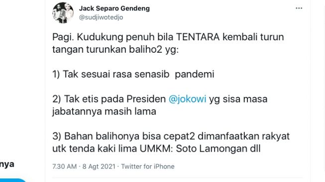 Unggahan Sudjewo Tedjo yang menyindir baliho puan maharani. [Twitter]