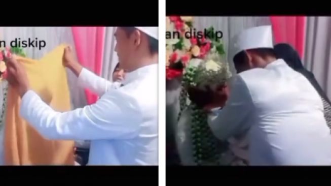 Mempelai pria canggung saat akan cium kening mempelai wanita (tiktok)