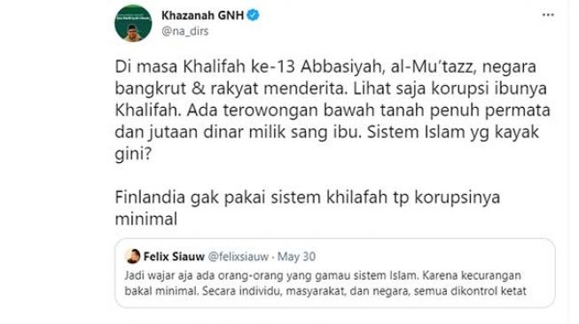 Tangkapan layar akun Gus Nadir tanggapi Felix Siauw. [Twitter]