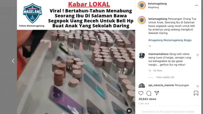 Tangkapan layar video orang tua di magelang ini membelikan hp untuk anaknya agar bisa mengikuti sekoah daring. Uniknya mereka bayar pakai uang tabungan dengan bentuk koin atau uang receh. [Instagram/@kotamagelang]