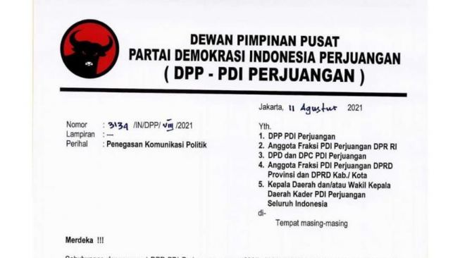 Surat edaran DPP PDIP yang melarang kadernya bicarakan capres dan cawapres. [ist]