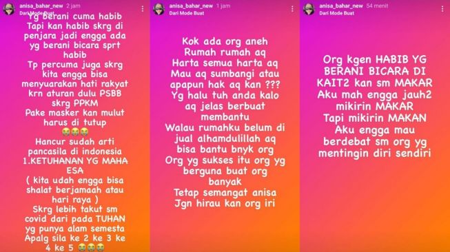 Curhatan Anisa Bahar di Instagram Story. [Instagram/anisa_bahar_new]