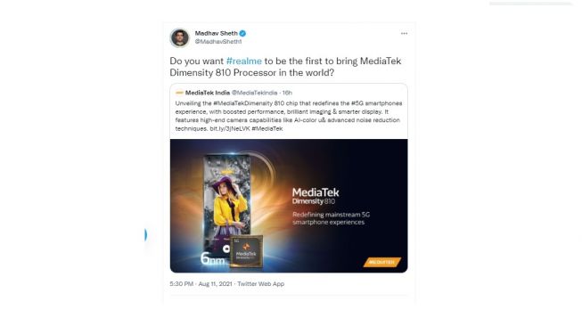 Cuitan Realme menggunakan Dimensity 810. [Twitter]