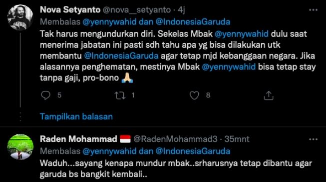 Komentar netizen Yenny Wahid mundur dari komisaris [Twitter]