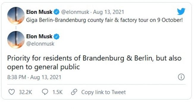 Undangan dari Elon Musk untuk umum, terutama warga Brandenburg dan Berlin di sekitar Tesla Gigafactory Jerman [Twitter @elonmusk].