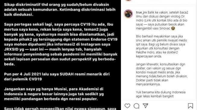 Jerinx: Sikap Diskriminatif Terhadap Orang yang Sudah atau Belum Divaksin Adalah Sebuah Kemunduran!