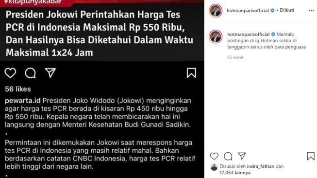 Hotman Paris tanggapi perintah Jokowi turunkan harga tes PCR. (Instagram/@hotmanparisofficial)