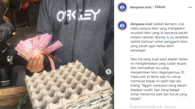 Penjual telur yang viral dagangannya tersenggol dapat bantuan. (Instagram/@denpasar.viral)