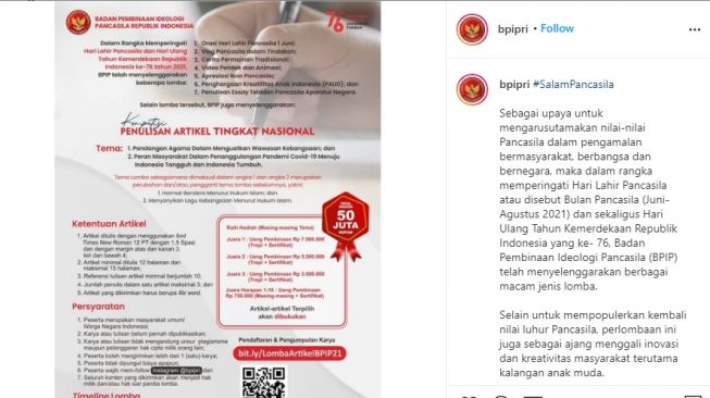 BPIP meminta maaf dan merevisi tema lomba penulisan artikel. (Instagram/bpip)