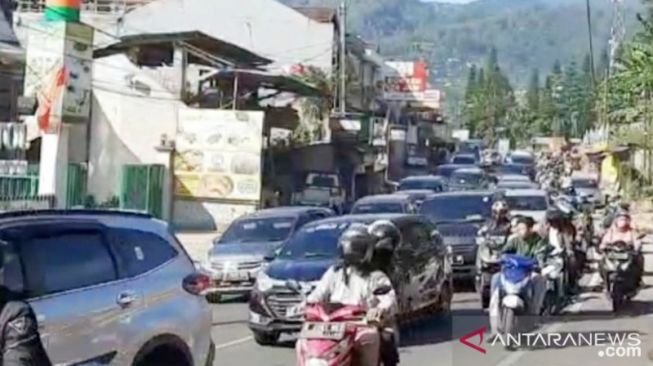  Kondisi lalu lintas saat "one way" dari arah Cianjur menuju Jakarta di Jalur Puncak, Kabupaten Bogor, Jawa Barat (15/8/2021). (ANTARA/M Fikri Setiawan)