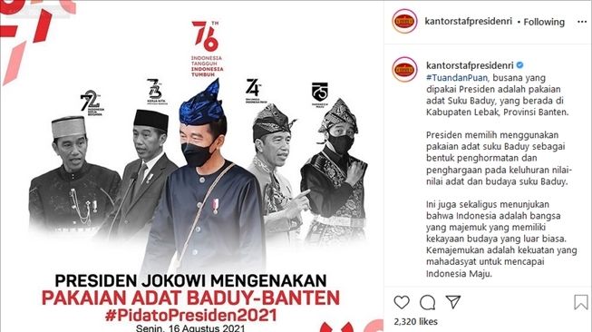 Penjelasan di balik busana adat Suku Baduy yang dikenakan Presiden Jokowi. (Instagram/@kantorstafpresidenri)