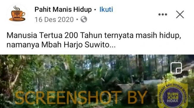 CEK FAKTA: Benarkah Mbah Harjo Suwito, Manusia Tertua 200 Tahun Masih Hidup?