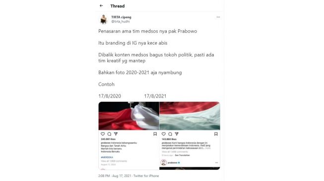 Unggahan Instagram Prabowo di HUT RI Ramaikan Twitter, dr Tirta Ikut Kagum dan Penasaran