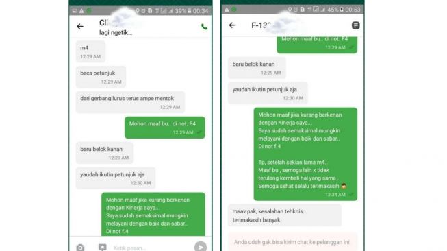 Percakapan ojol dengan pelanggan yang bikin geram (Facebook)