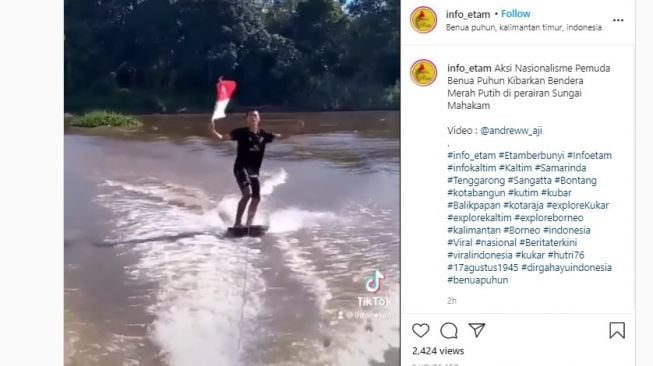 Viral Aksi Nasionalisme Pemuda, Berseluncur di Sungai Mahakam Sembari Kibarkan Merah Putih