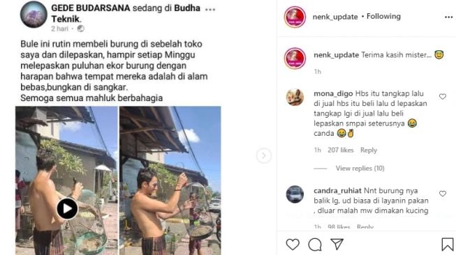 Aksi bule rutin beli burung hanya untuk dilepaskan. (Instagram/nenk_update)