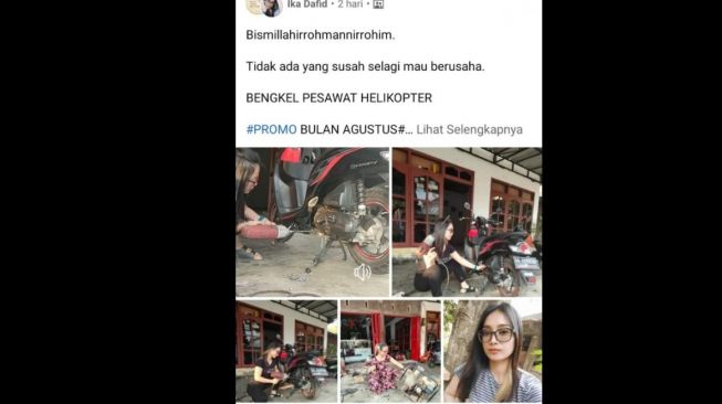 Mekanik Ika Dafid yang meramaikan jagad viral karena keandalannya servis sepeda motor, posting di laman media sosial Facebook tentang bengkelnya [Facebook via Beritajatim.com].