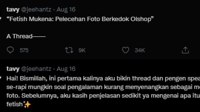 Pengakuan model jadi korban fetish mukena. (Twitter/@jeehantz)