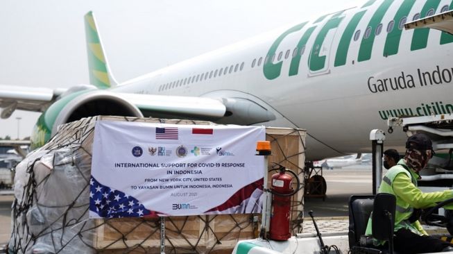 Maskapai penerbangan Citilink melakukan penerbangan langsung Indonesia-Amerika Serikat pp dalam rangka mengangkut bantuan alat kesehatan.