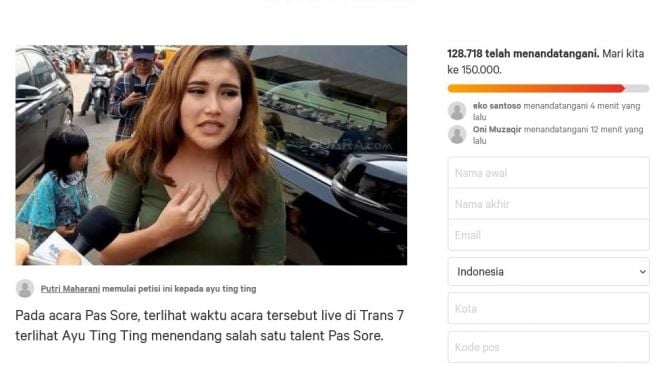 Petisi boikot Ayu Ting Ting telah mencapai 128.700 tanda tangan hingga hari ini, Rabu (18/8/2021). 