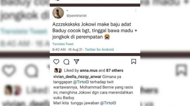 Tangkapan layar cuitan akun @pawletariat bernada rasis dan merendahkan Presiden RI. [Twitter]