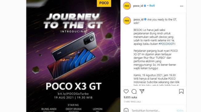 Peluncuran Poco X3 GT di Indonesia, malam ini. [Instagram]