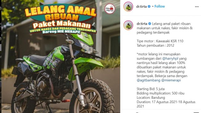 Motor Kawasaki Dokter Tirta dilelang untuk bantu para korban terdampak covid-19 (Instagram)