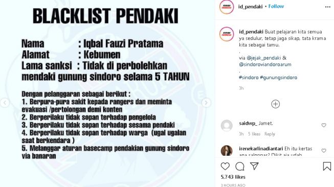 Pria prank ranger Gunung Sindoro demi konten (instagram)