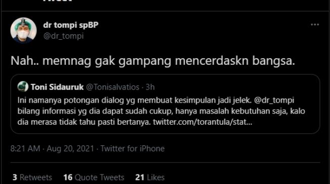 Respons Tompi menanggapi kritik warganet. [Twitter/dr_tompi]