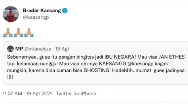 Cuitan Kaesang Pangarep yang membalas warganet di Twitter. [Twitter]