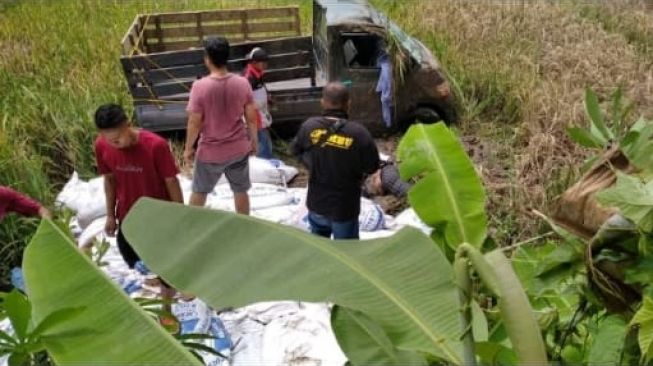 Warga membantu evakuasi pikap yang terjun ke sawah di Pandeglang hingga Sopir tewas, Sabtu (21/8/2021). [IST]