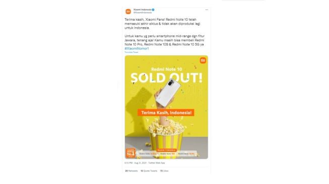 Postingan Xiaomi penghentian penjualan Redmi Note 10. [Twitter]