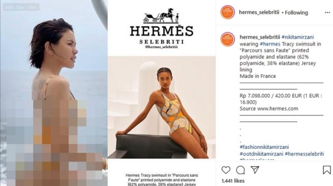 Nikita Mirzani seksi pakai baju renang branded senilai Rp7 juta. (Instagram/@hermes_selebritii)