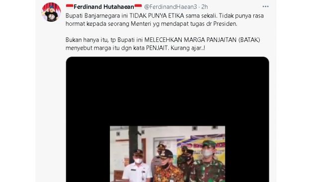 Cuitan Ferdinand soal pernyataan Bupati Banjarnegara yang dinilai menghina Luhut (twitter)