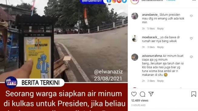 Tangkapan layar, pria yang menyiapkan air mineral gratis untuk Presiden Jokowi. Dirinya pun menunjuk kulkas tempat air mineral itu berada, yakni di pinggir Jalan Pesut, Samarinda. [Instagram/@beritaterkinismr]