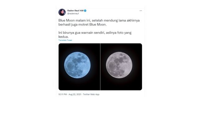 Penampakan Blue Moon, Minggu (22/8/2021). [Twitter]