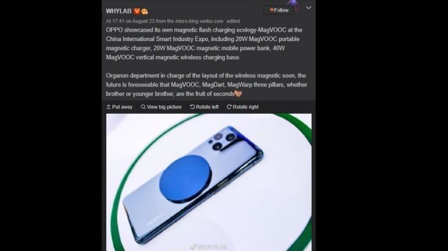 Pengisian nirkabel Oppo, MagVOOC.  [Weibo]