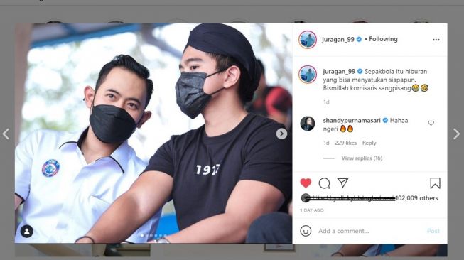 Presiden Arema FC Gilang Widya Pramana dan Direktur Utama Persis Solo Kaesang Pangarep. [tangkapan layar Instagram/@juragan_99]
