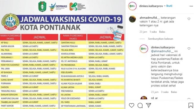 Daftar lokasi vaksin Covid-19 di Pontianak beserta jadwalnya. (Instagram/@dinkes.kalbarprov)