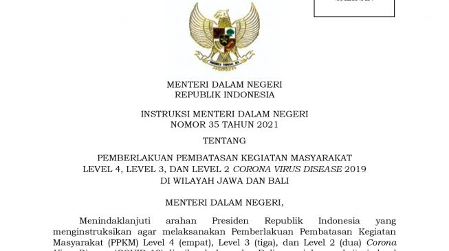 Mendagri Terbitkan 3 Instruksi Mendagri tentang PPKM dan Daftar Daerah PPKM Level 4