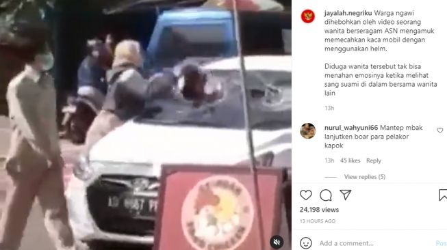 Viral video seorang wanita mengamuk pecahkan kaca mobil pakai helm. (Instagram/jayalah.negriku)