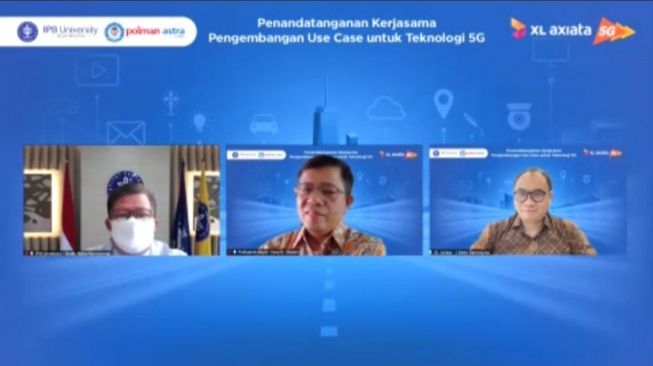 Penandatanganan Kerja Sama Pengembangan Use Case untuk Teknologi 5G bersama IPB dan Politeknik Astra, Rabu (25/8/2021). [Screenshot]