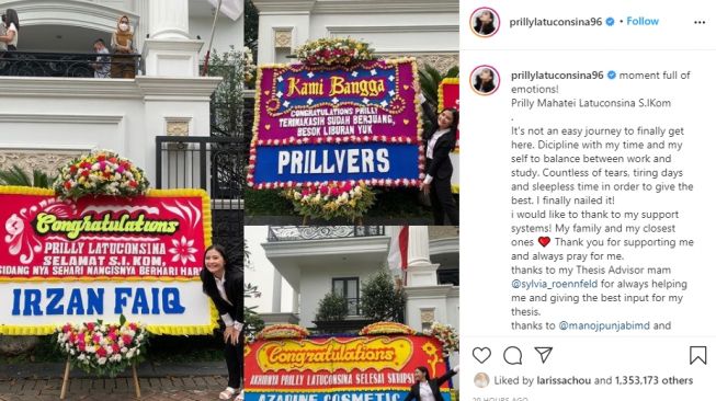 Potret Prilly Latuconsina Lulus Sidang Skripsi. [Instagram/prillylatuconsina96]