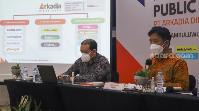 Suasana jalannya paparan publik (public Expose) yang digelar PT Arkadia Digital Media Tbk di Jambuluwuk Thamrin Hotel, Jakarta, Jumat (27/8/2021). [Suara.com/Alfian Winanto]