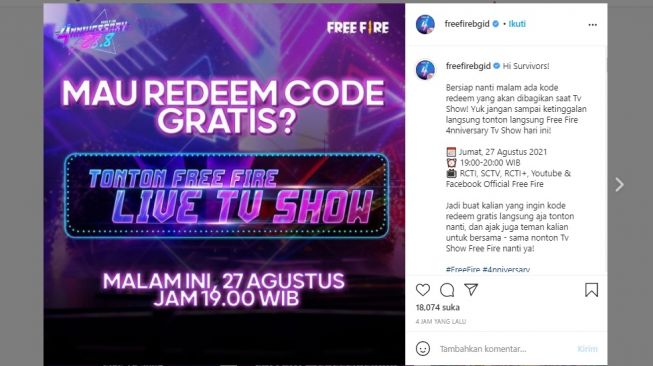 Kode redeem FF Free Fire terbaru 28 Agustus 2021 (instagram/freefirebgid)