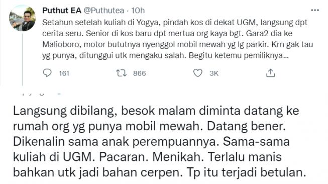 Sebuah kisah pria yang beruntung mendapatkan mertua kaya raya gara-gara senggol mobil mewah (Twitter)