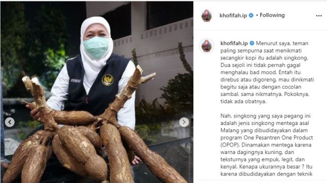 Gubernur Khofifah memamerkan singkong mentega asal Malang. [Instagram]